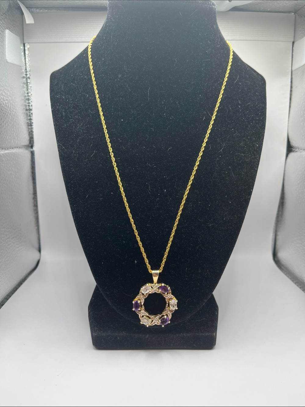 Gold Tone Vermeil w/ Purple Amethyst & Quartz Wreath Circle Pendant